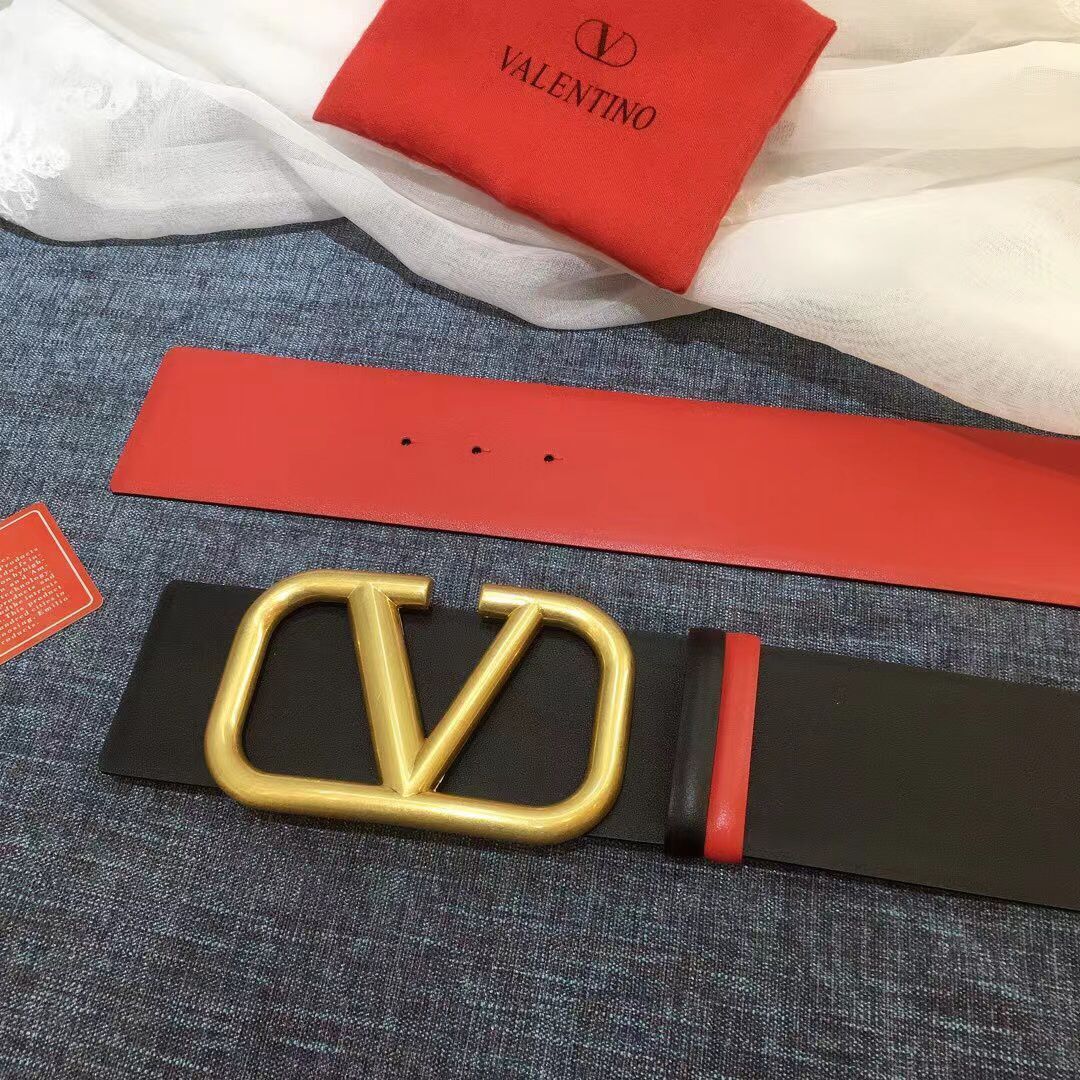 Valentino Original Calf Leather Belt 7.0CM V96783-2 Black&Red