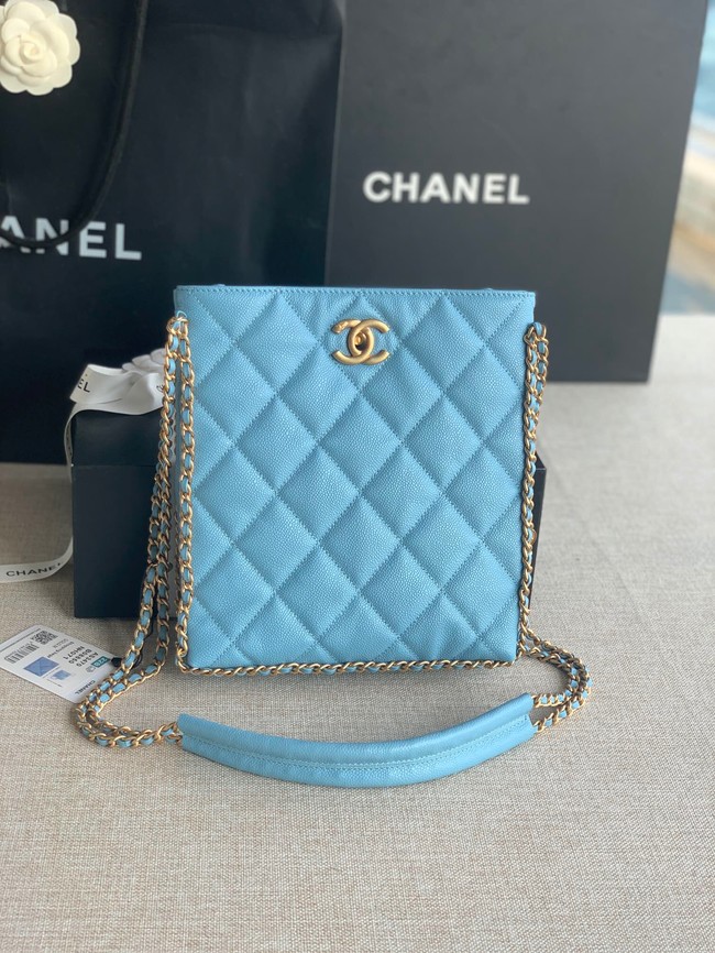 Chanel SMALL SHOPPING BAG Grained Calfskin & Gold-Tone Metal AS3470 light blue