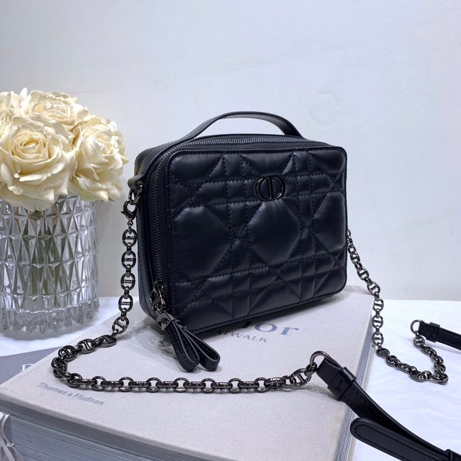 DIOR CARO BOX BAG WITH CHAIN Black Quilted Macrocannage Calfskin S5140B