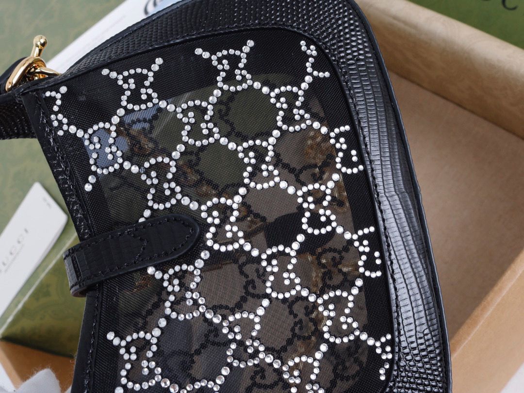 Gucci Jackie 1961 mini crystal GG lizard hobo mesh bag 637091 black