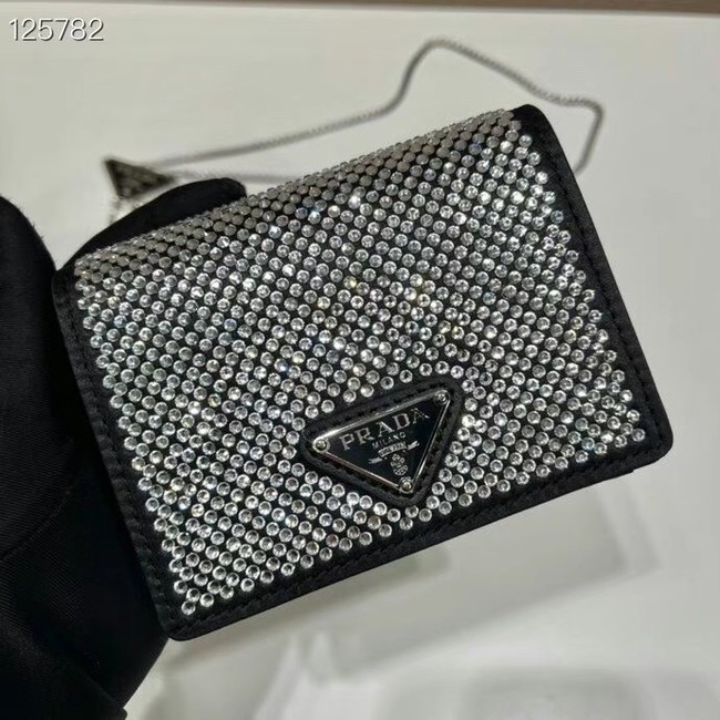 Prada Crystal-studded card holder with shoulder strap 1MR024 black&white