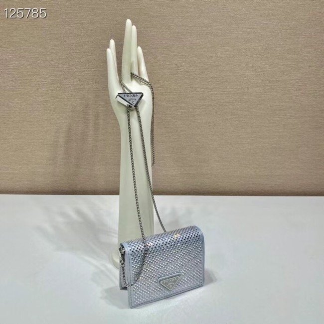 Prada Crystal-studded card holder with shoulder strap 1MR024 silver