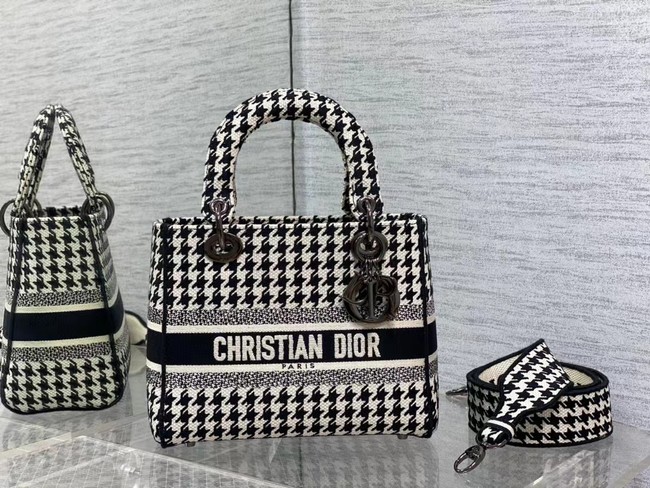 DIOR LADY D-LITE BAG Black and White Houndstooth Embroidery M0566BRE-4