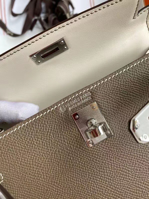 Hermes Kelly 19cm Shoulder Bags Epsom Leather KL19 Silver hardware gray&Cream