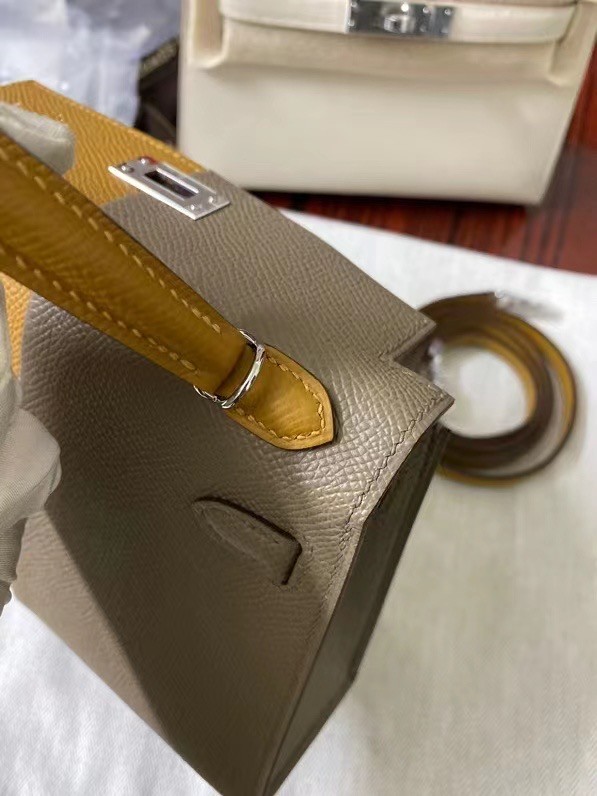 Hermes Kelly 19cm Shoulder Bags Epsom Leather KL19 Silver hardware gray&yellow