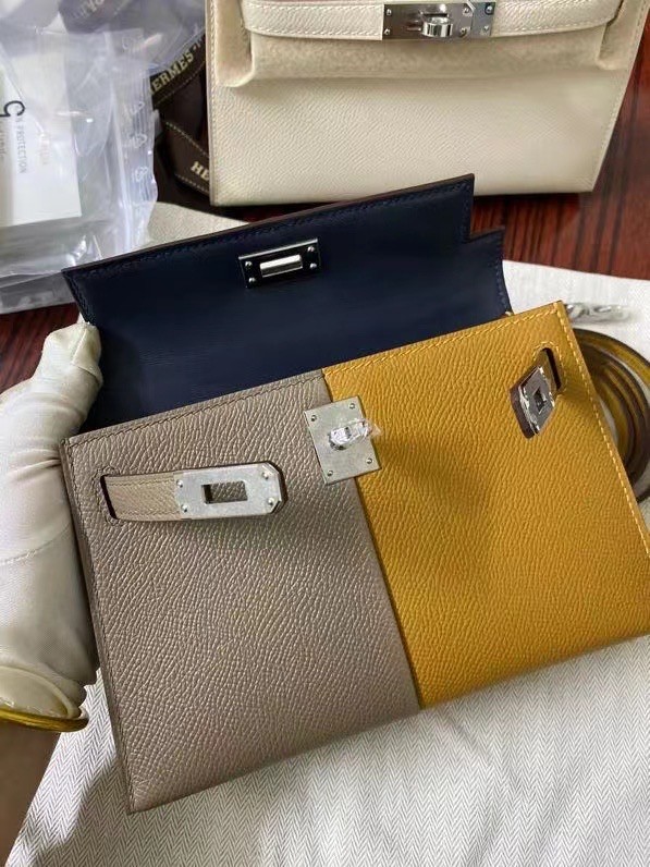 Hermes Kelly 19cm Shoulder Bags Epsom Leather KL19 Silver hardware gray&yellow