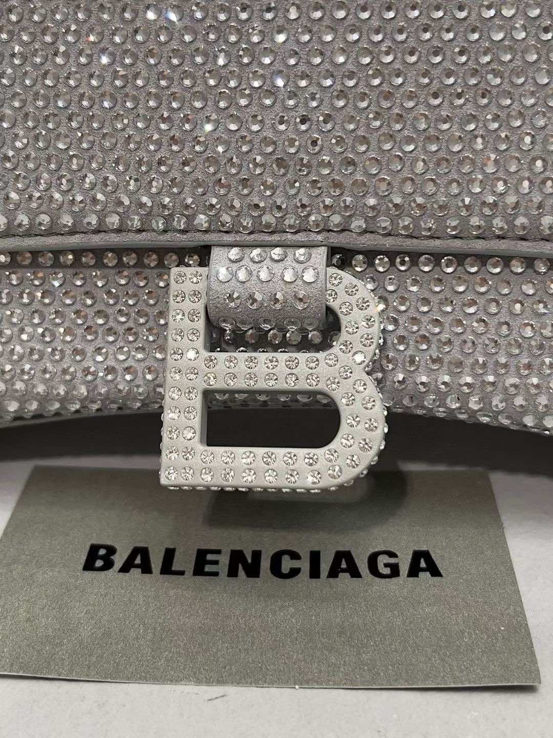 Balenciaga WOMENS HOURGLASS SMALL HANDBAG WITH RHINESTONES 592834 silver