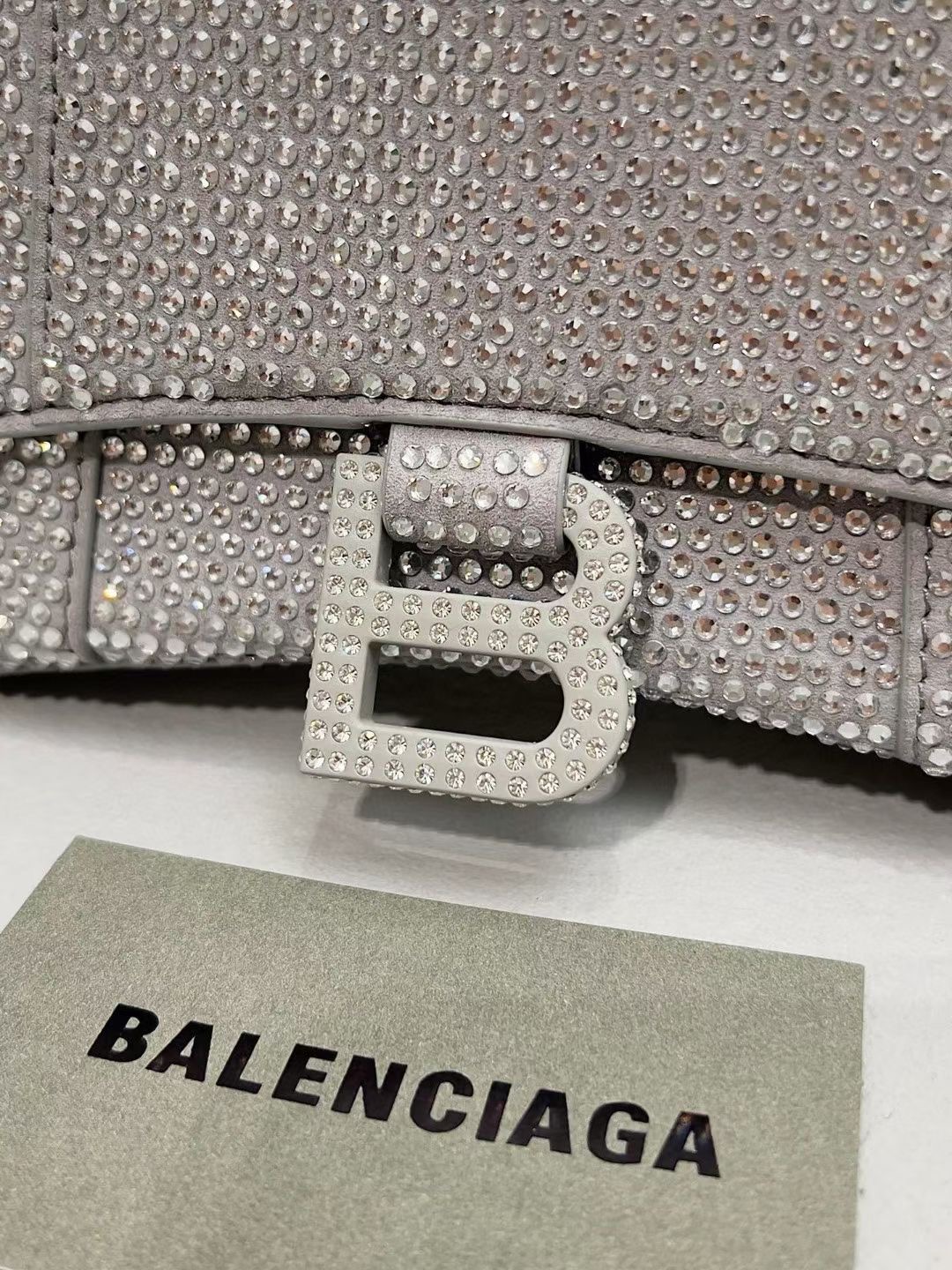 Balenciaga WOMENS HOURGLASS XS HANDBAG WITH RHINESTONES 283328 IN silver