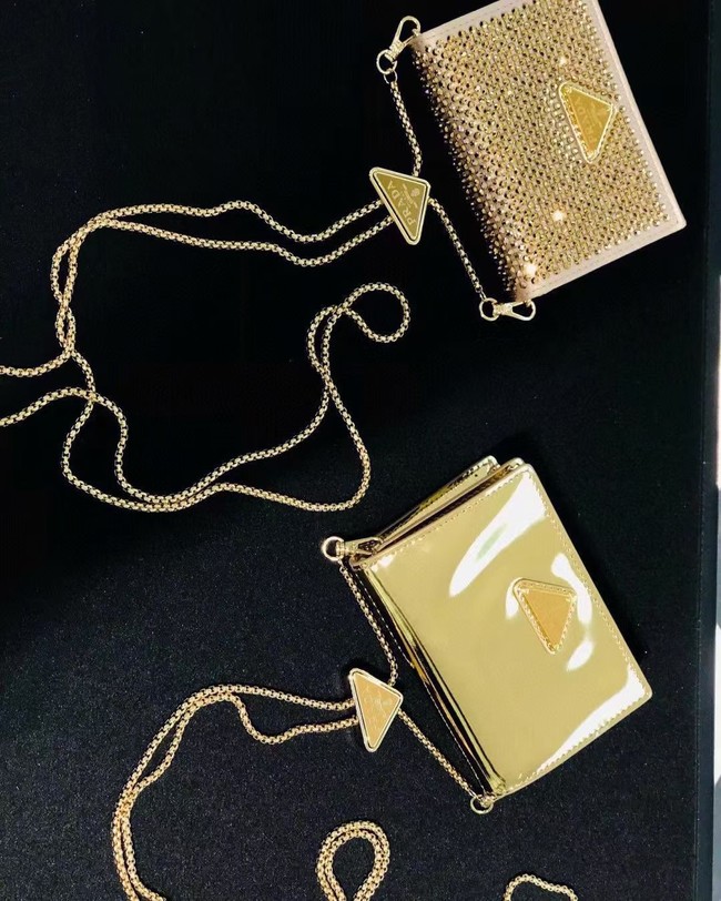 Prada brushed leather card holder with shoulder strap 1MR024 gold