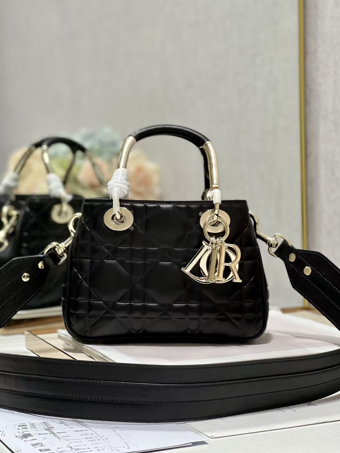 LADY DIOR TOP HANDLE SMALL BAG Cannage Lambskin C9228 BLACK&GOLD