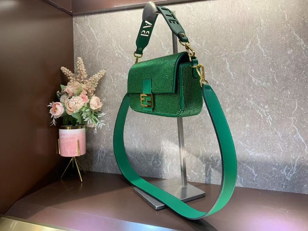 Fendi Baguette crystals and leather bag F0961 green