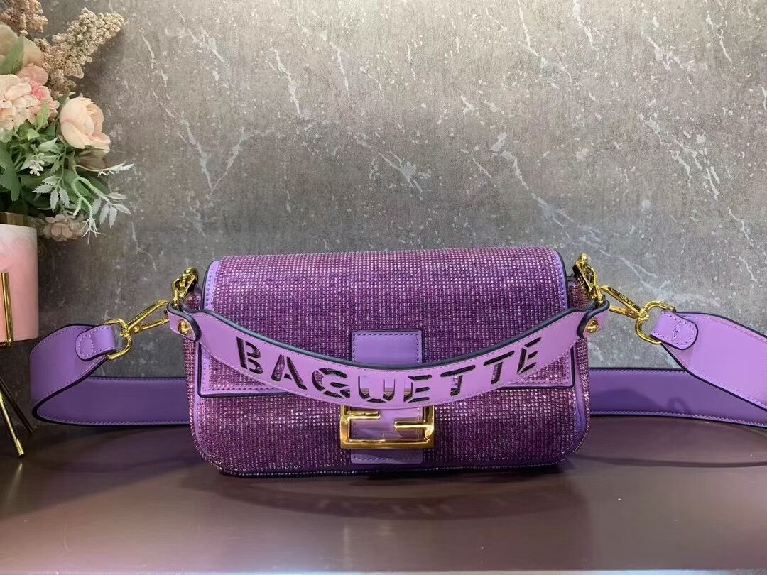 Fendi Baguette crystals and leather bag F0961 purple