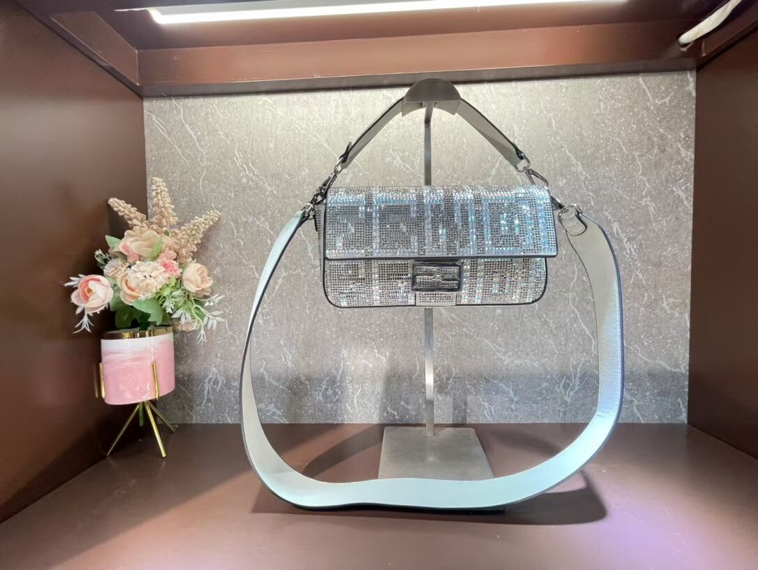 Fendi Baguette crystals and leather bag F0961 silvery