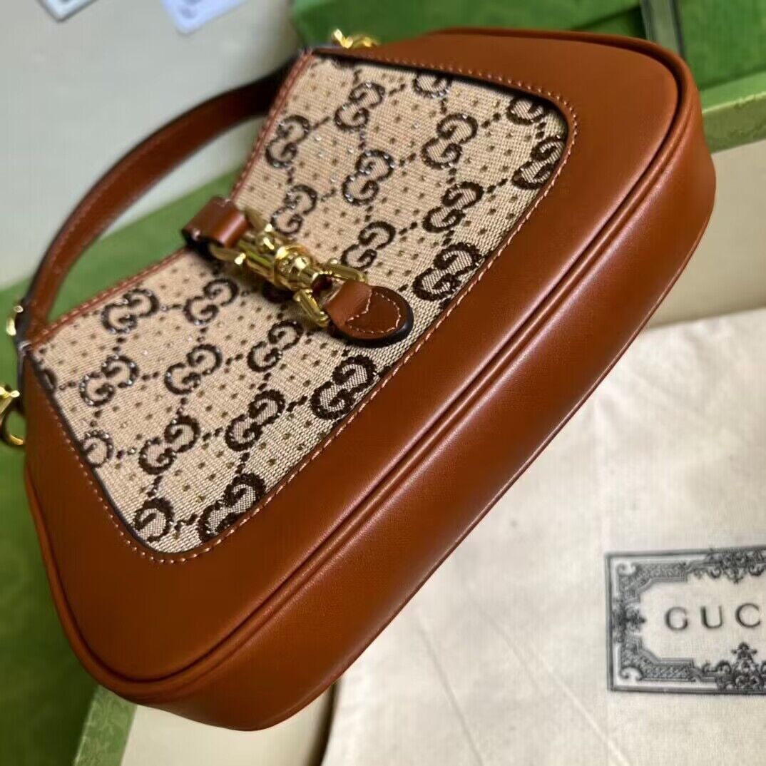 Gucci Jackie 1961 mini crystal GG lizard hobo bag 637091 Brown