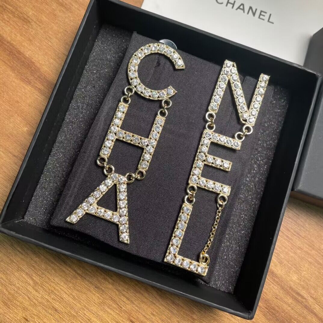 Chanel Crystal Leather Logo Statement Dangle Earrings CE50312 Gold