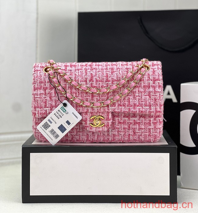 Chanel CLASSIC HANDBAG Wool Tweed A1112 pink