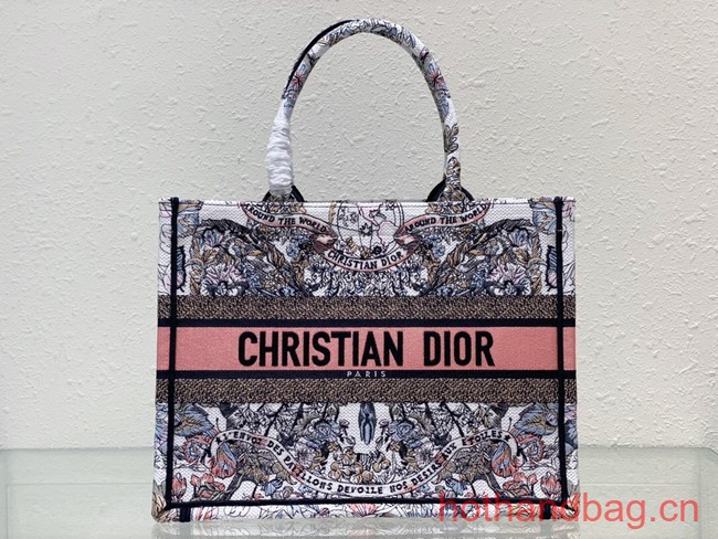 DIOR BOOK TOTE White and Pastel Pink Butterfly Around The World Embroidery M1296ZE