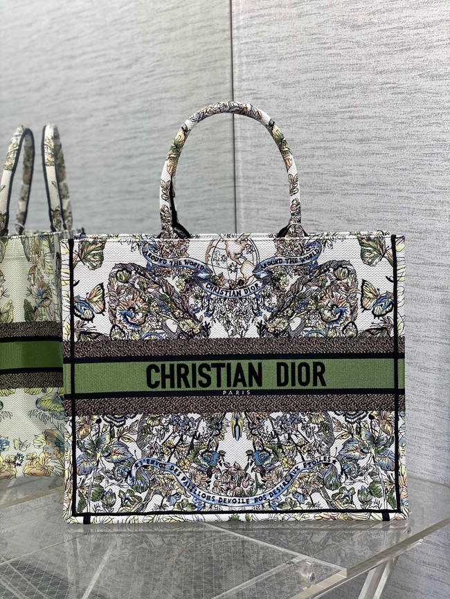 LARGE DIOR BOOK TOTE green Butterfly Around The World Embroidery M1286ZES