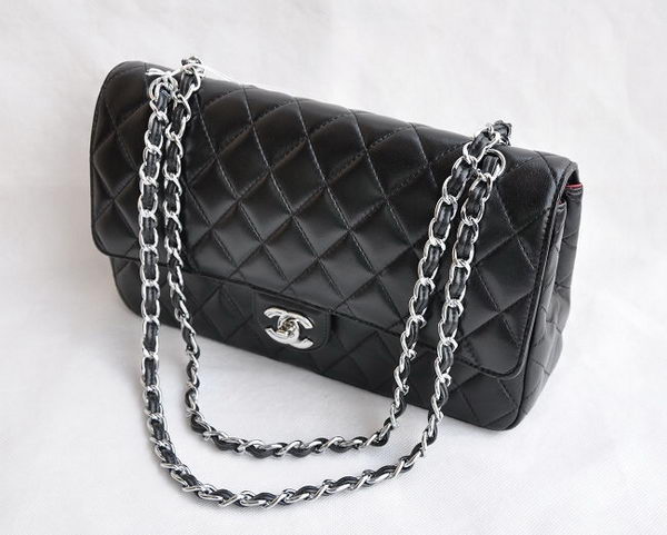 Chanel Classic 2.55 Series Black Lambskin Silver Chain Quilted Flap Bag 1113