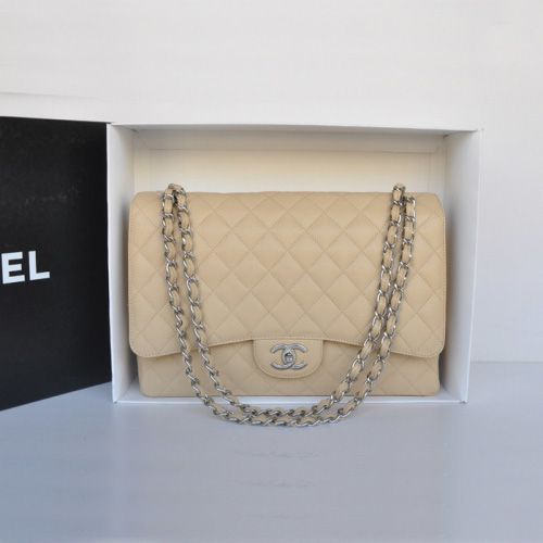 Chanel Classic Flap Borse Maxi doppia A36098 Albicocca Caviar Leather Original Argento