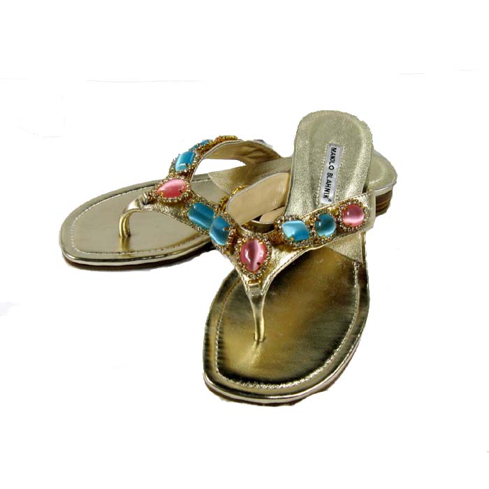 Manolo Blahnik colourful diamond golden slippers