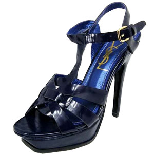 YSL front knot patent high heel sandals jewelry blue