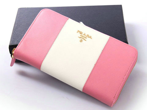 Prada Saffiano Bicolor Zip -Around Wallet 1M0506 in rosa / bianc