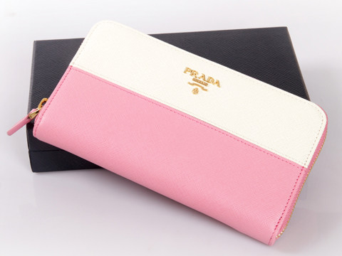 Prada Saffiano Bicolor Zip -Around Wallet 1M0506 in Bianco / Ros